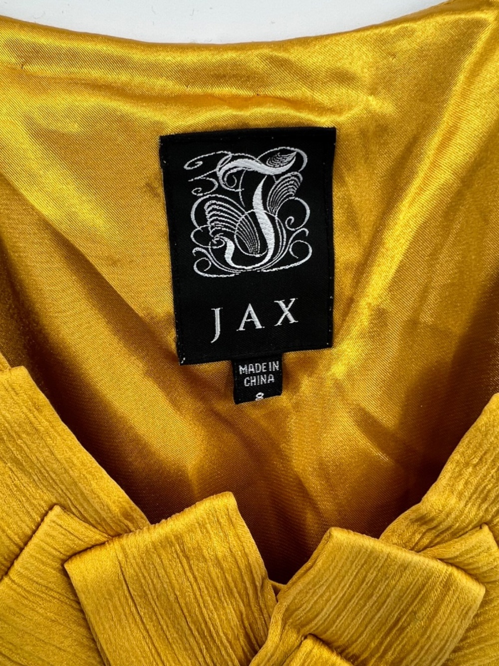 Jax Womens 8 100% Silk Dress Mustard Gold Ruffle Bow Pleated Y2K Mini Cocktail - Picture 3 of 7